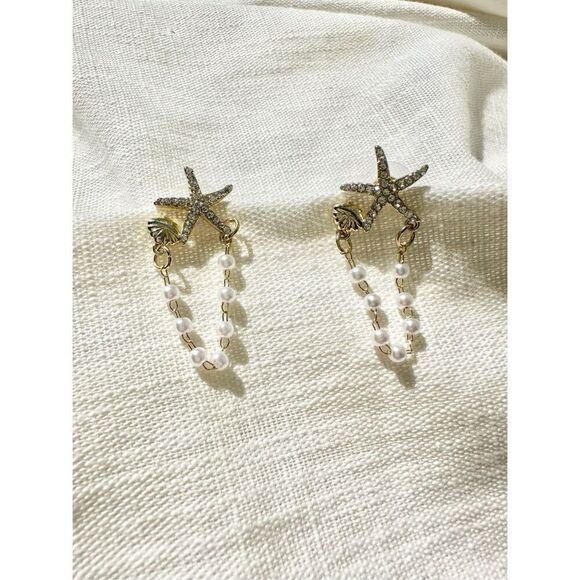 Gold color starfish and seashell pearl chain dangle earring ￼ - Picture 4 of 4